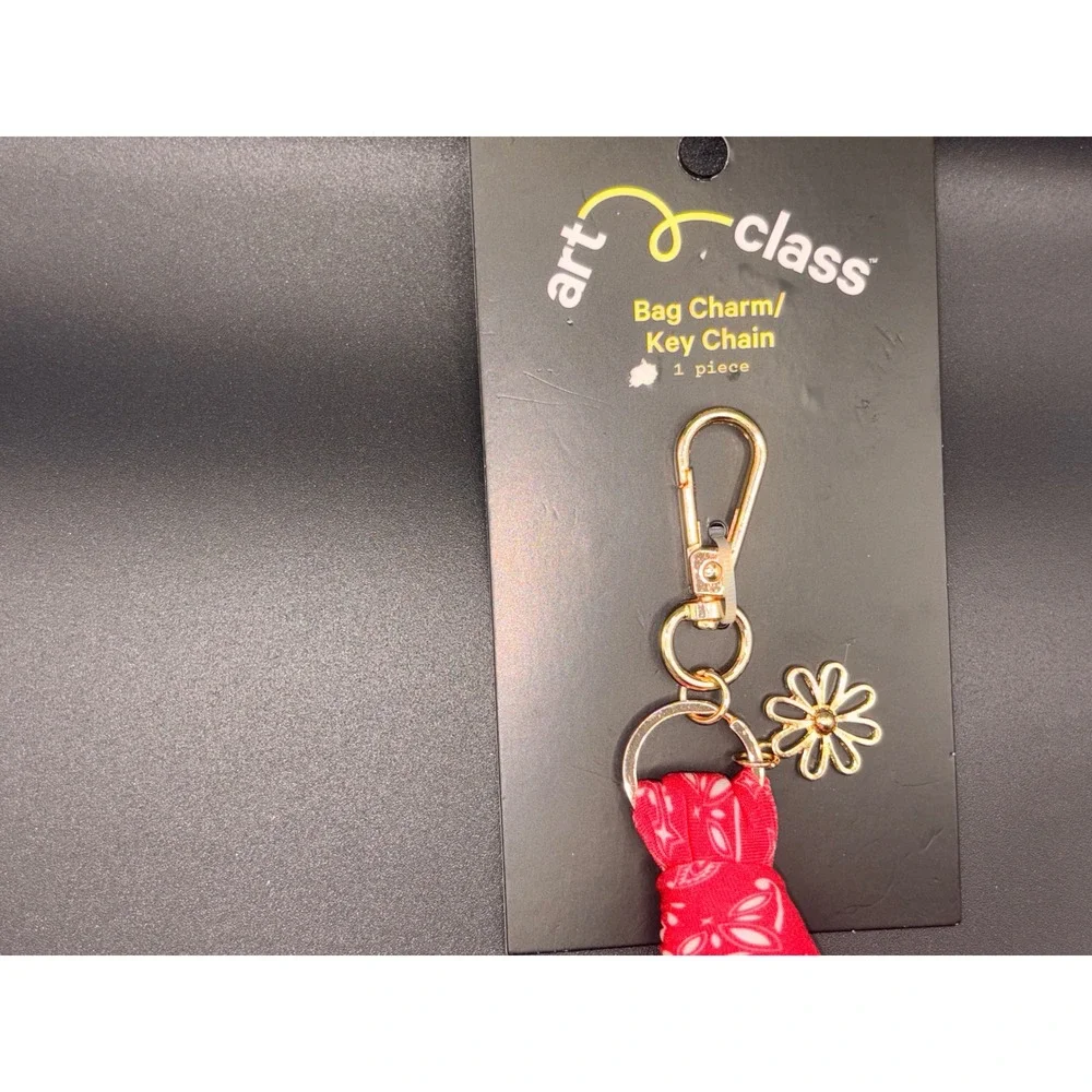Art Class Red Bandana Paisley Bag Charm Key Chain Gold Tone Daisy Flower NWT